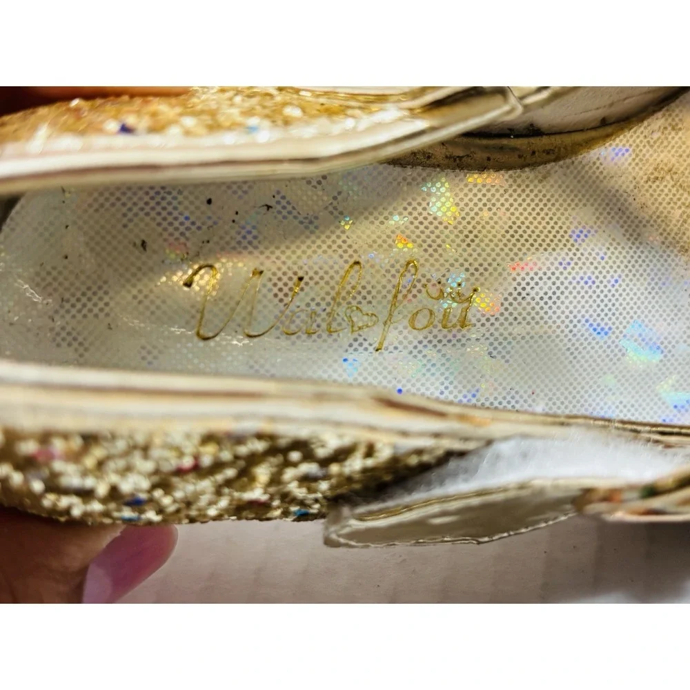 Wal-Fou Girls Gold Glitter Mary Jane Dress‎ Shoes Rhinestone Bow Size 7 Kids